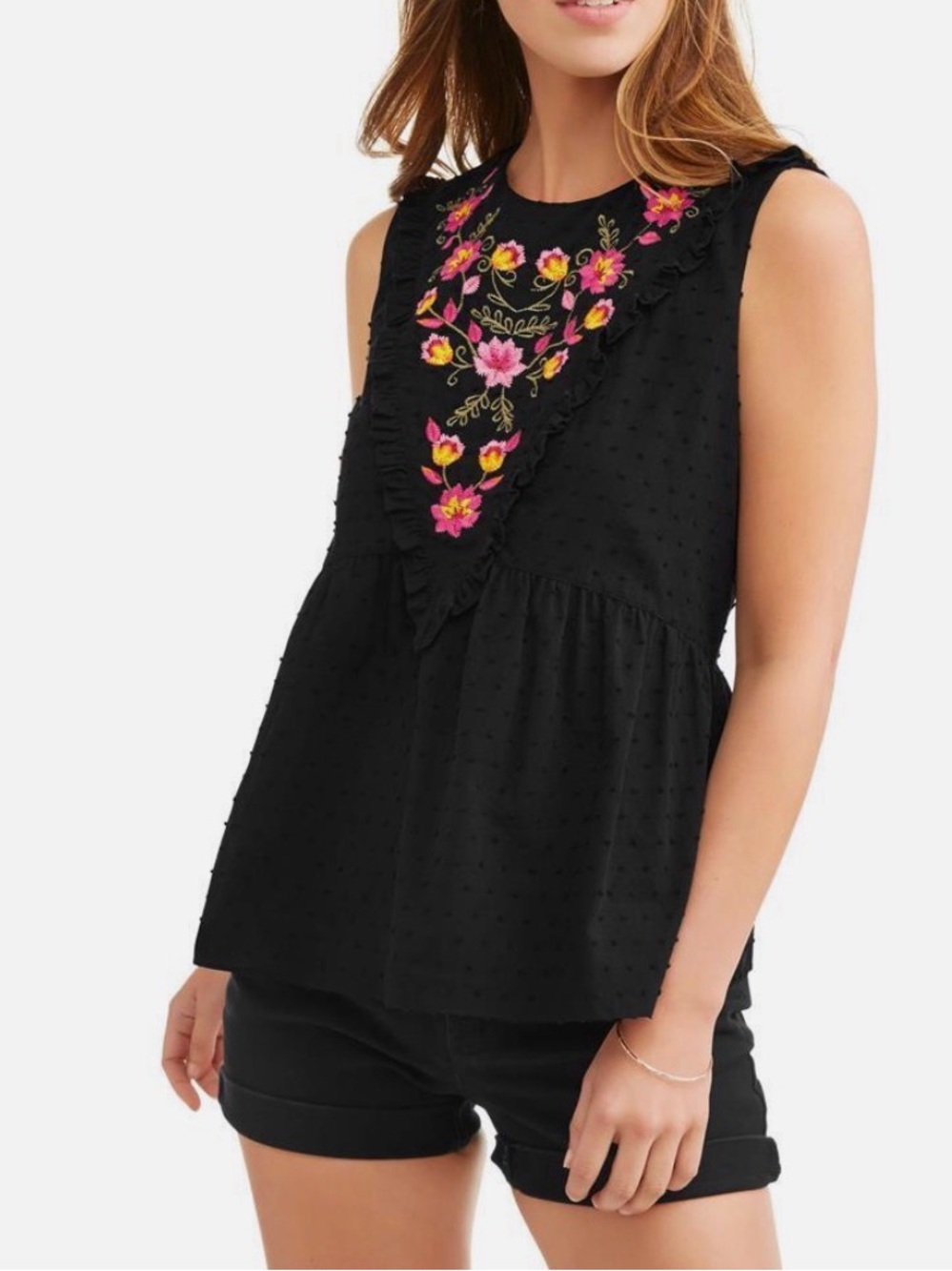 Time and Tru Black Sleeveless Embroidered V-Neck Peplum Camisole